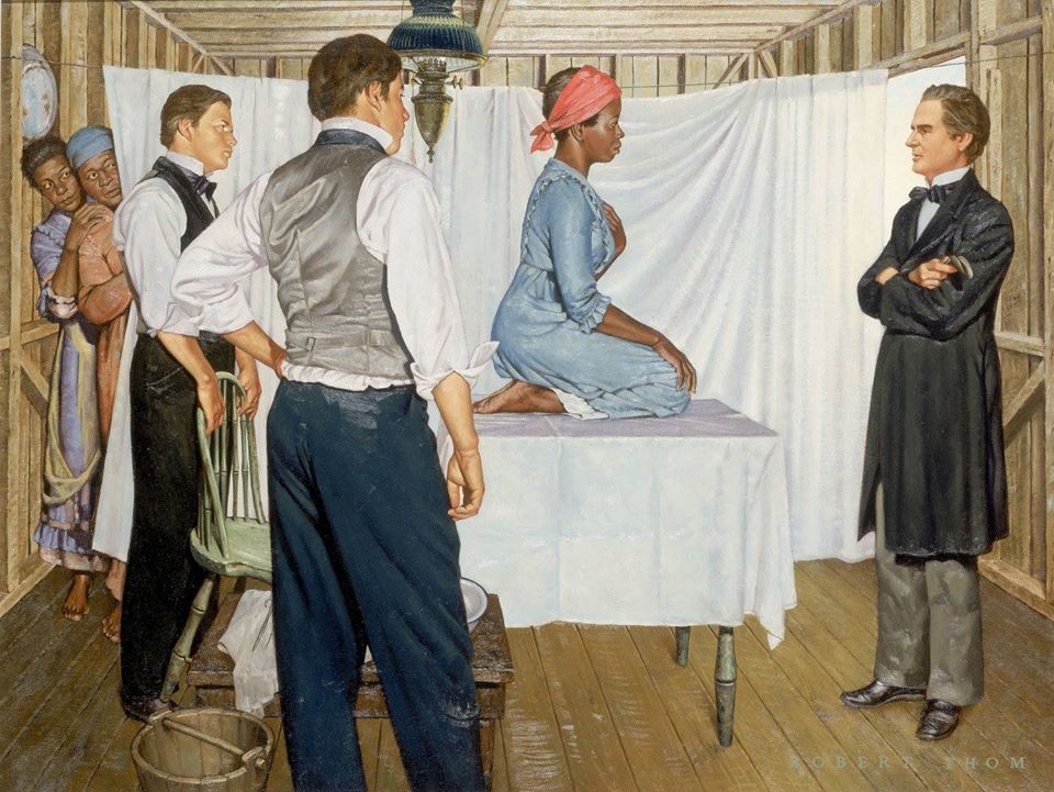 Ilustração de James Marion Sims com Anarcha Westcott por Robert Thom. Sims conduzia cirurgias dolorosas em mulheres negras escravizadas sem o uso de anestesia (Foto: Reprodução)