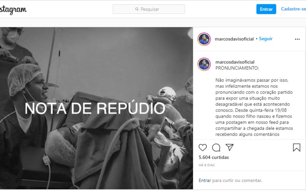 Post nas redes sociais feito por Marcos Davis após ser questionado pela cor de pele do filho recém-nascido em Goiânia, Goiás — Foto: Reprodução/Instagram