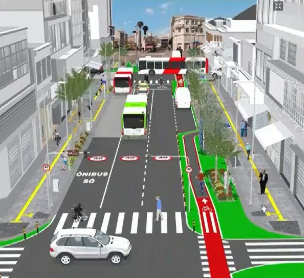 Projeto da Avenida Campos Sales, em Campinas, prevê faixa exclusiva para ônibus à esquerda, duas para carros no centro e uma ciclofaixa à direita — Foto: Reprodução/Emdec