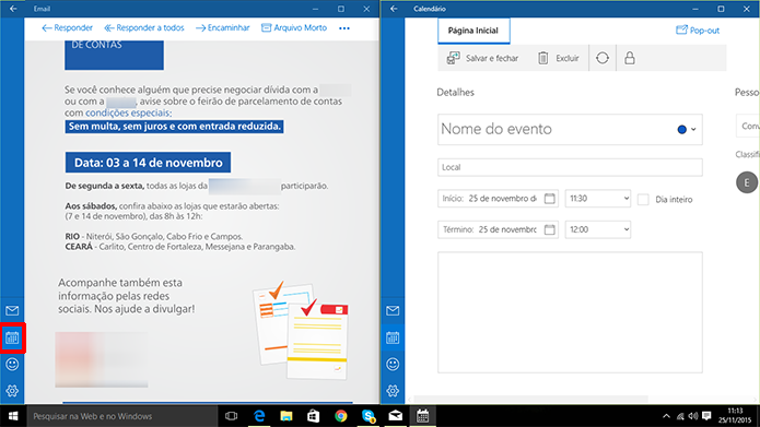 E-mail do Windows 10 é integrado com calendário do sistema para adicionar compromisso (Foto: Reprodução/Elson de Souza)