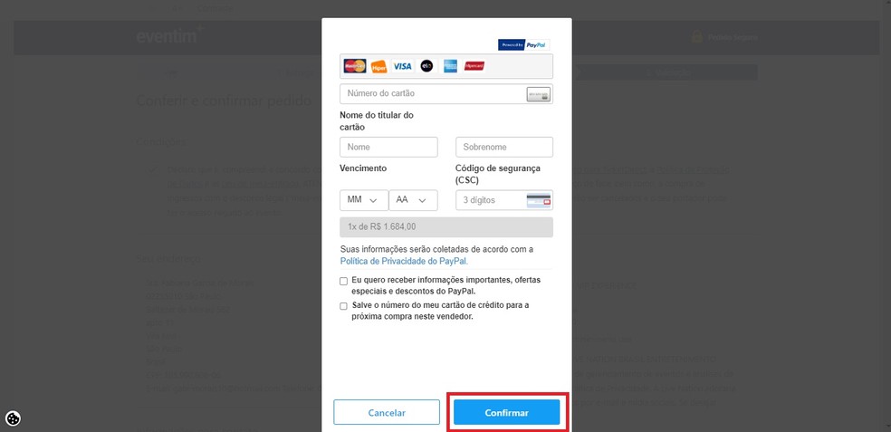 Inserir dados do cart&atilde;o de cr&eacute;dito no site da Eventim &mdash; Foto: Reprodu&ccedil;&atilde;o/Gabrielle Garcia