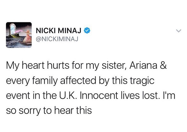 Nicki Minaj: "Meu coração dói pela minha irmã, Ariana, e por todas as famílias afetadas por esta tragédia no Reino Unido. Vidas inocentes foram perdidas. Eu sinto muito, muito" (Foto: Twitter/Reprodução)