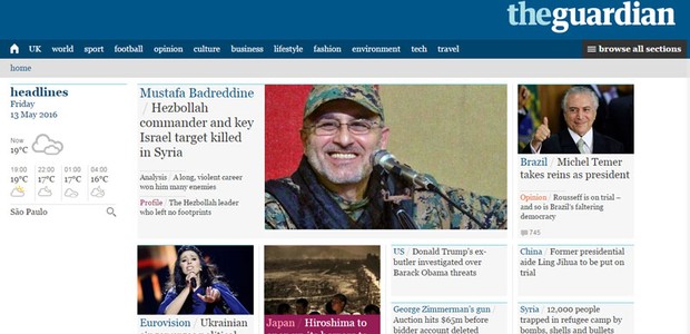 Temer ganha destaque na homepage do britânico The Guardian (Foto: Reprodução/YouTube)