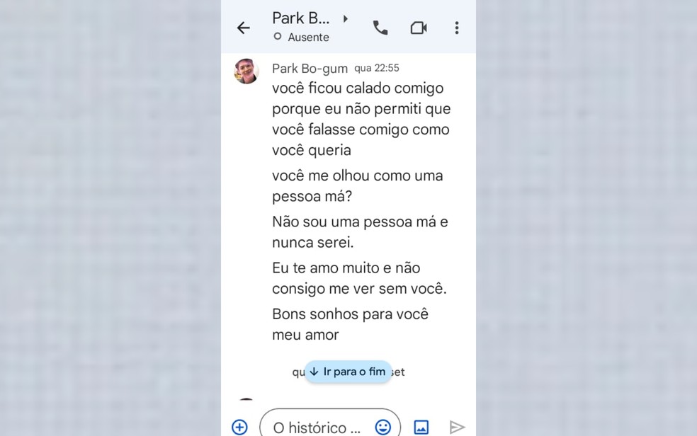 Perfil falso de ator sul-coreano, administrado por golpista, envia mensagens em português para vítima em Ribeirão Preto, SP — Foto: Reprodução