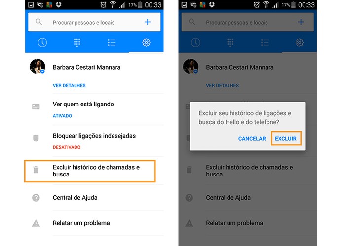 Excluindo o histórico de chamadas e buscas no app Hello (Foto: Reprodução/Barbara Mannara)