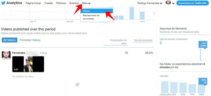 Analytics também mostram estatísticas dos seus vídeos publicados no Twitter (Foto: Reprodução/Rodrigo Fernandes) Analytics também mostram estatísticas dos seus vídeos publicados no Twitter (Foto: Reprodução/Rodrigo Fernandes)