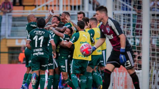 Jogadores do Palmeiras comemoram o gol de Carlos Eduardo