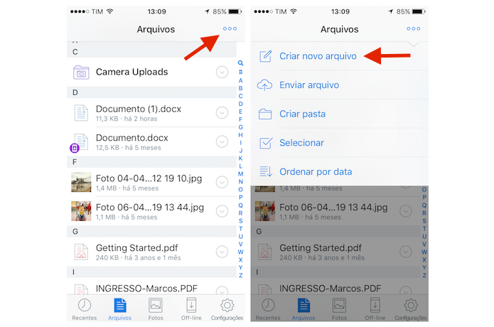 Acessando a ferramenta para criar um novo arquivo do Dropbox para iPhone (Foto: Reprodução/Marvin Costa)