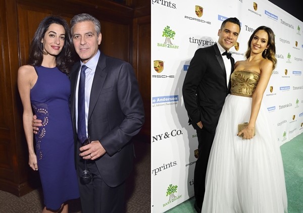Os casais Amal Alamuddin e George Clooney, e Cash Warren e Jessica Alba (Foto: Getty Images)