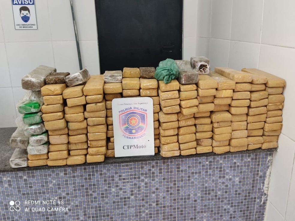 Segundo a PM, os 150 tabletes de maconha pesaram 124,5 quilos e foram levados para a Central de Plantões da Polícia Civil, no Recife — Foto: Ana Regina/TV Globo 