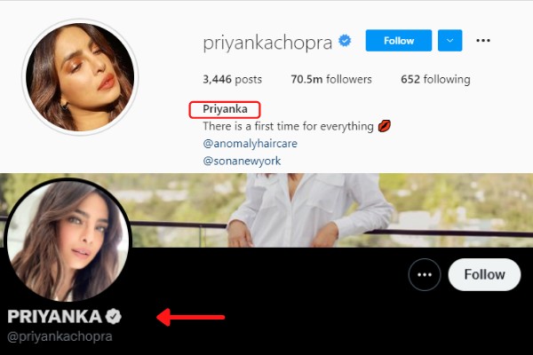 Insta, acima, e Twitter, abaixo, de Priyanka com a mudança vista pelos fãs (Foto: Reprodução/Instagram; Reprodução/Twitter)
