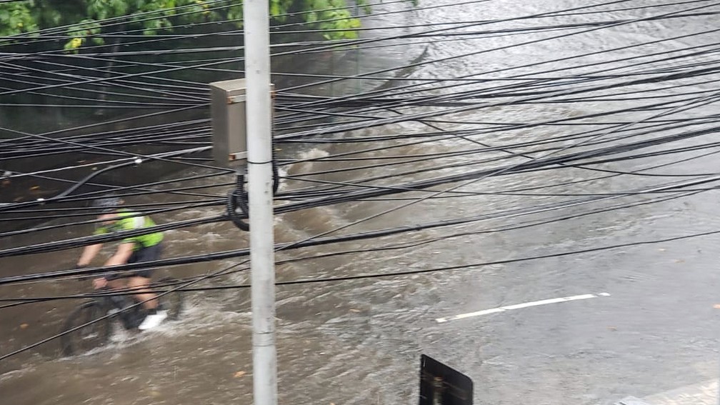 Ciclista enfrenta alagamento na Rua Pacheco Leão, no Jardim Botânico — Foto: G1 Rio