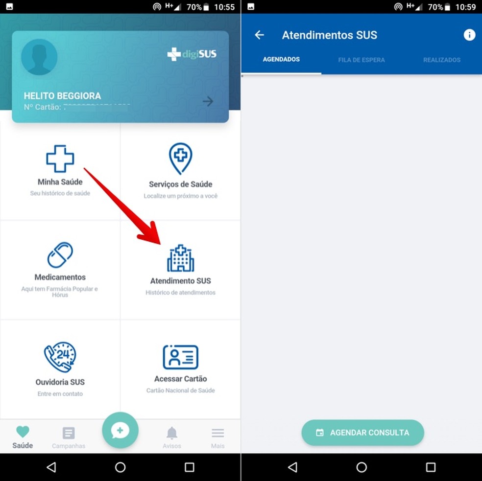 Agendando atendimento pelo SUS no app Meu digiSUS â Foto: ReproduÃ§Ã£o/Helito Beggiora