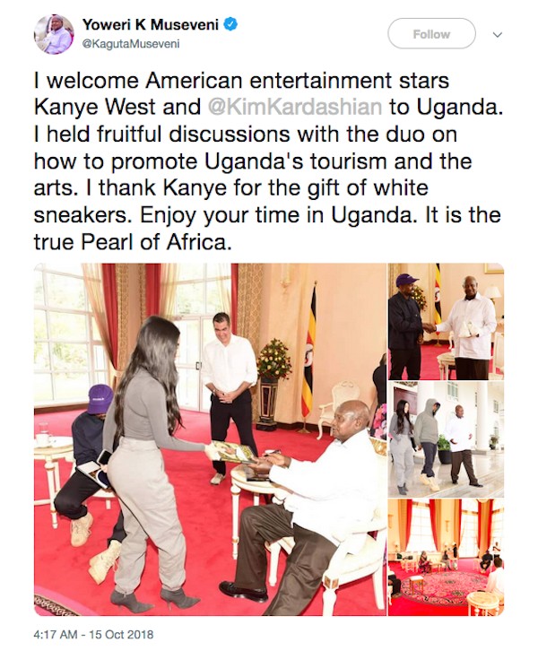 A mensagem do presidente de Uganda agradecendo a visita de Kanye West e Kim Kardashian ao seu país (Foto: Twitter)