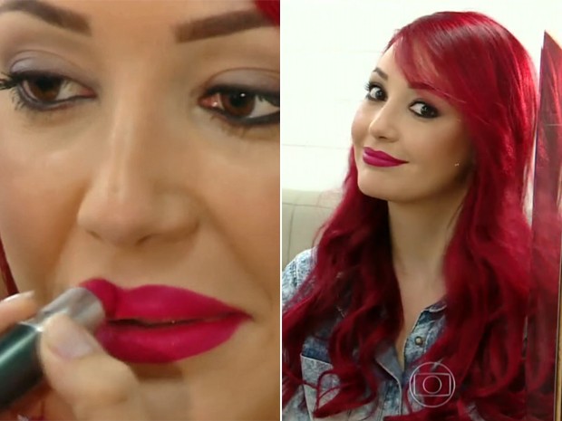 Josie Pessoa mostra o tom de batom que gosta de usar (Foto: Vídeo Show / TV Globo)