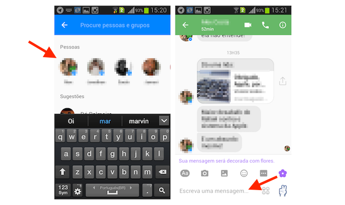 Escolhendo um contato e Iniciando o teclado virtual para escrever uma mensagem com flores no Facebook Messenger para Android (Foto: Reprodução/Marvin Costa)