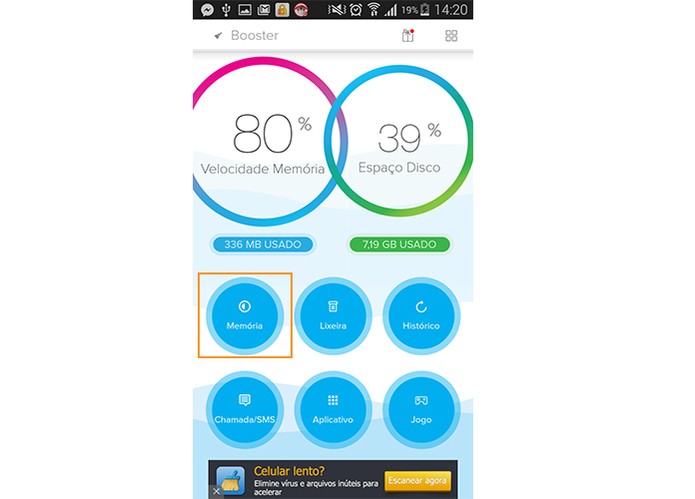 App Booster ajuda a otimizar o Android. Para come?ar toque em Mem?ria (Foto: Reprodu??o/Barbara Mannara)