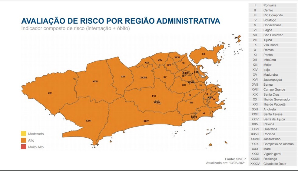Mapa de Risco de Covid-19, da Prefeitura do Rio,  de 13/05/2021 — Foto: Divulgação