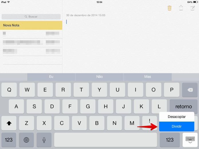 Dividindo o teclado do iPad em dois (Foto: Reprodução/Helito Bijora)