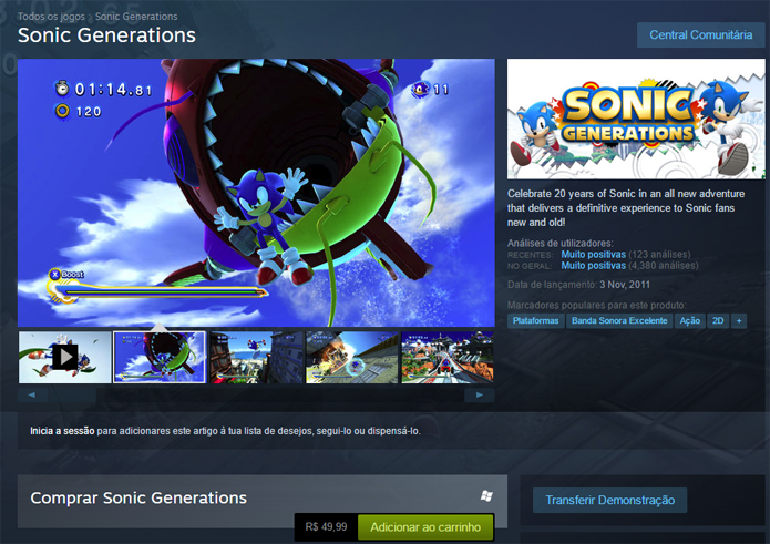 Página de Sonic Generations no Steam (Foto: Reprodução/André Mello)
