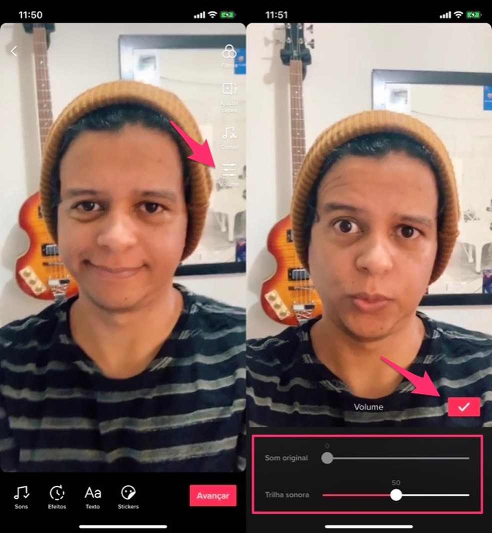 Ação para equalizar áudios de vídeos de dublagem no aplicativo TikTok — Foto: Reprodução/Marvin Costa