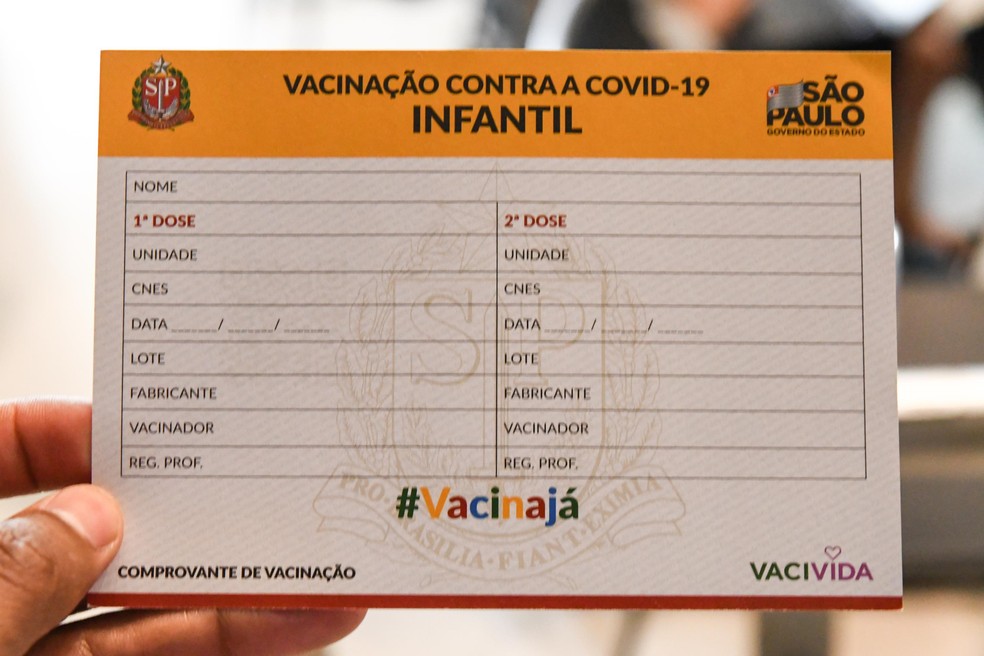 Carteirinha de vacinação de crianças contra a Covid-19 em São Paulo.  — Foto: ANDRé RIBEIRO/FUTURA PRESS/ESTADÃO CONTEÚD
