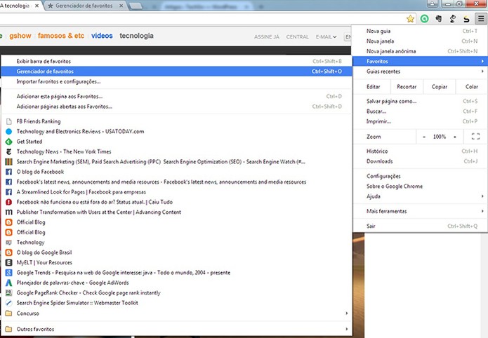 No Google Chrome acesse o menu de favoritos e depois clique para gerenciar (Foto:Reprodução/Barbara Mannara)