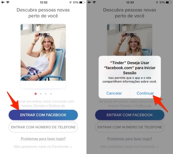 Ação para iniciar um cadastro de usuário no aplicativo Tinder (Foto: Reprodução/Marvin Costa) Ação para iniciar um cadastro de usuário no aplicativo Tinder (Foto: Reprodução/Marvin Costa)