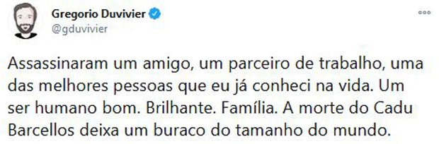 Gregório Duvivier lamenta morte de Cadu Barcellos (Foto: Reprodução / Twitter)