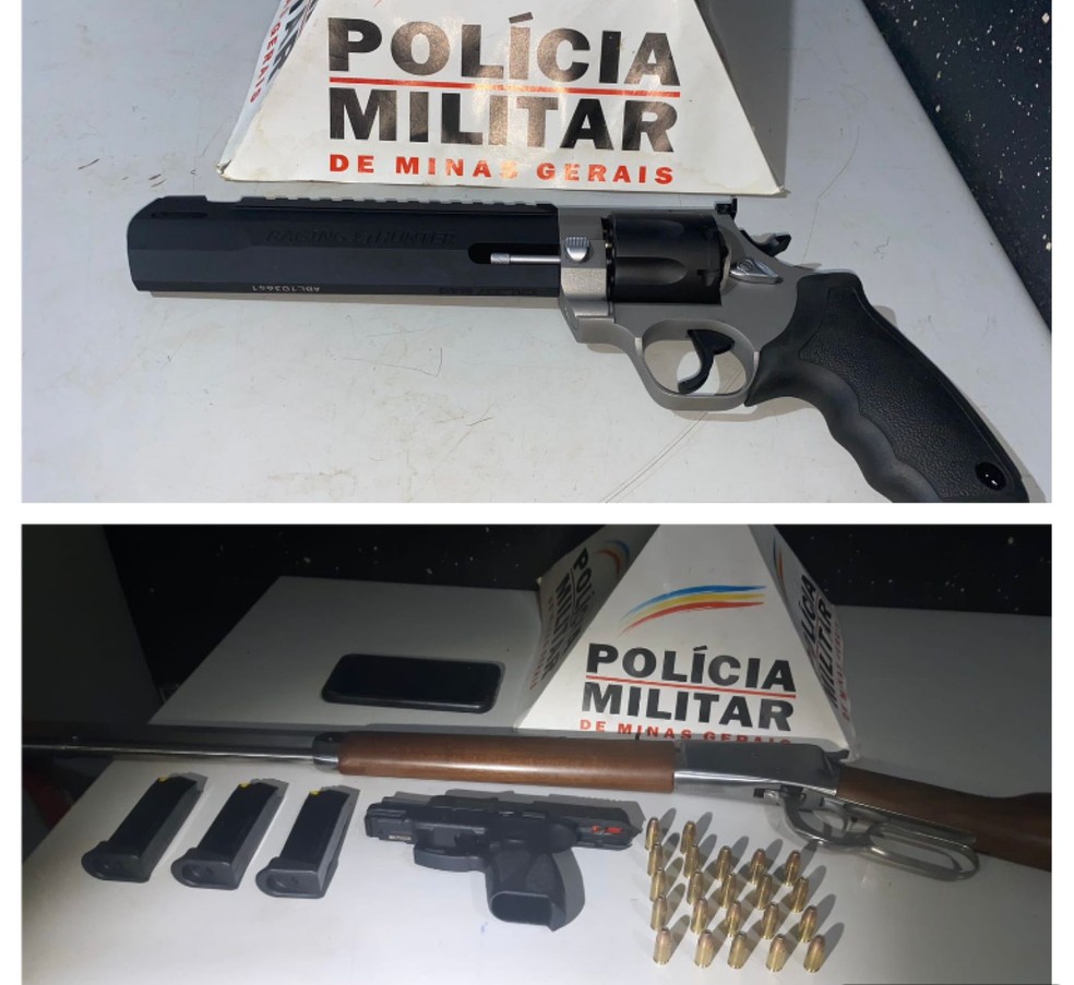 Armas apreendidas com autor de homicídio de homem de 36 anos no Bairro Caiçaras, em Patos de Minas — Foto: Polícia Militar/Divulgação