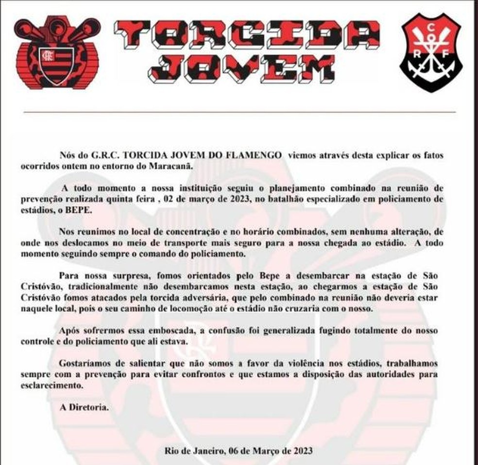 Comunicado da Torcida Jovem do Flamengo — Foto: Reprodução