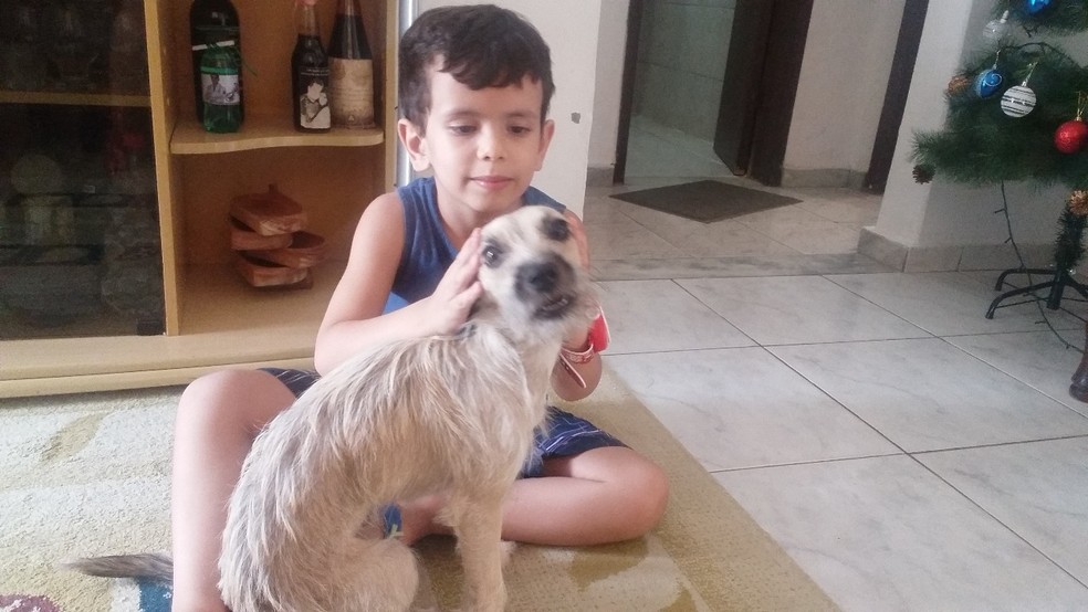 MÃ£e do Rodrigo adotou um cÃ£ozinho para estimular comunicaÃ§Ã£o dele com o mundo â Foto: Tatiana CÃ¢ndida Braga/ Arquivo pessoal