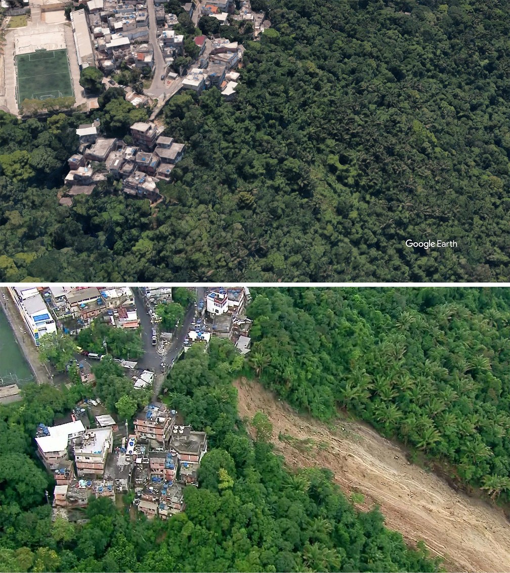 Antes e depois da encosta que desabou na Avenida Niemeyer â Foto: ReproduÃ§Ã£o/Google Earth e TV Globo