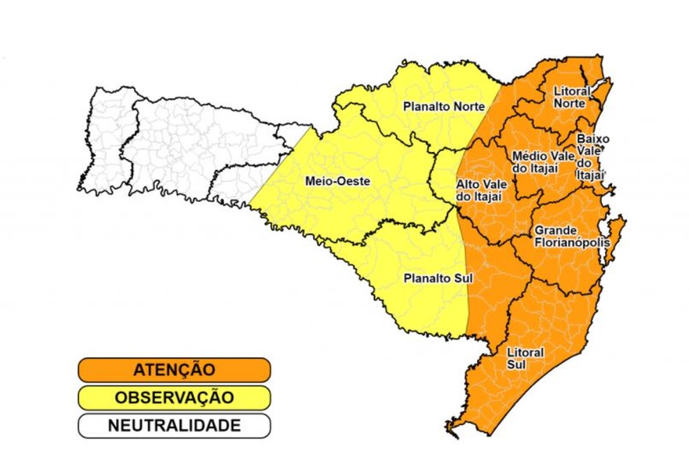Defesa Civil de SC informou que chuvas intensas poderão provocar alagamentos, enxurradas e deslizamentos nas áreas em laranja no mapa — Foto: Reprodução/ Defesa Civil