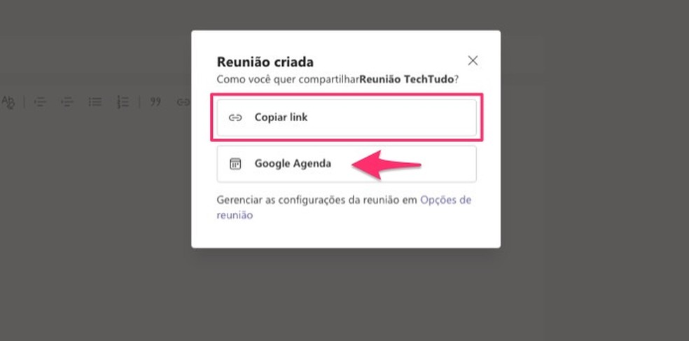 Ação para acessar os detalhes da reunião no Teams e enviar link para outros convidados — Foto: Reprodução/Marvin Costa