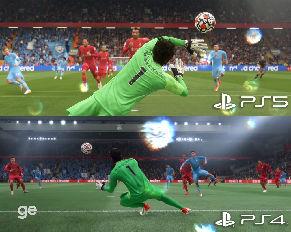 PS5 x PS4: veja comparativo gráfico com Alisson no FIFA 22 — Foto: Reprodução/ge