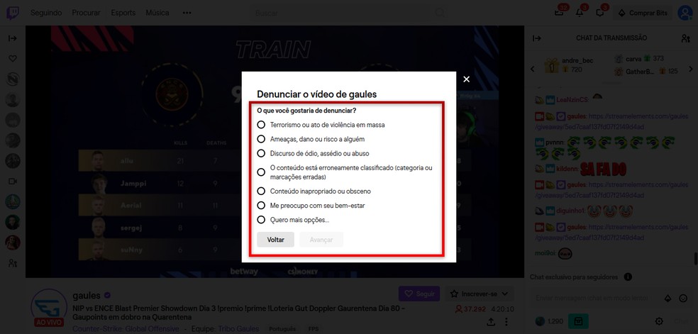 Selecione o que gostaria de denunciar na Twitch TV e clique em "Avançar" — Foto: Reprodução/Leandro Eduardo