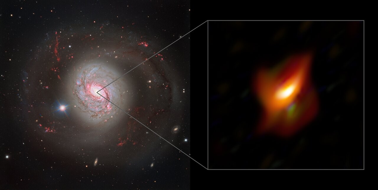 (Esq.) Vista da galáxia ativa Messier 77; (Dir.) Vista ampliada da região mais interna da galáxia (Foto: ESO/Jaffe, Gámez-Rosas et al)