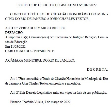 O projeto apresentado na Câmara do Rio