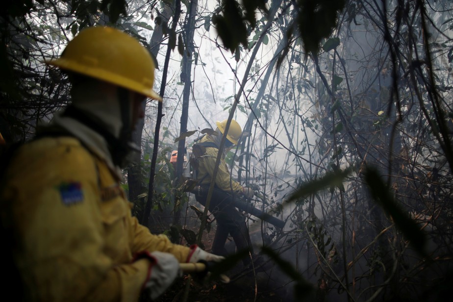 Membro da brigada de incêndio do Instituto Brasileiro do Meio Ambiente e dos Recursos Naturais Renováveis (Ibama) tenta controlar um incêndio em uma área da floresta amazônica em Apuí, no Amazonas