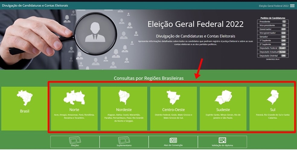 Para consultar os candidatos a governador em cada estado do país, eleitor deve selecionar uma região no site do TSE — Foto: Reprodução/Gabriela Andrade