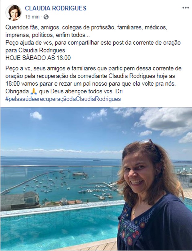 Claudia Rodrigues: corrente de oração (Foto: Reprodução Facebook)