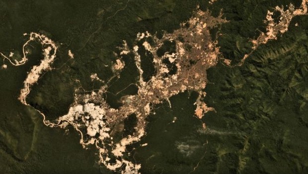 Frentes de garimpo ilegal de ouro na Terra Indígena Kayapó, no Pará, em julho de 2019; manchas claras indicam atividade mais recente. (Foto: PLANET LABS)