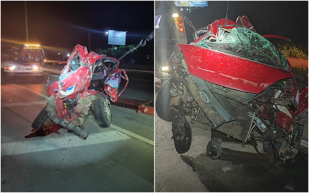 Carro Fiesta fica completamente destruído em acidente com caminhão na BR-153, em Goiânia, Goiás — Foto: Divulgação/Polícia Rodoviária Federal