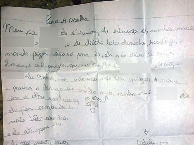 Menina escreve carta e denuncia que pai estupra as 2 irmãs dela em MT (Foto: Divulgação/PM)