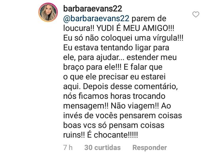 Mensagem de apoio de Bárbara Evans a Yudi causou polêmica (Foto: Reprodução / Instagram)