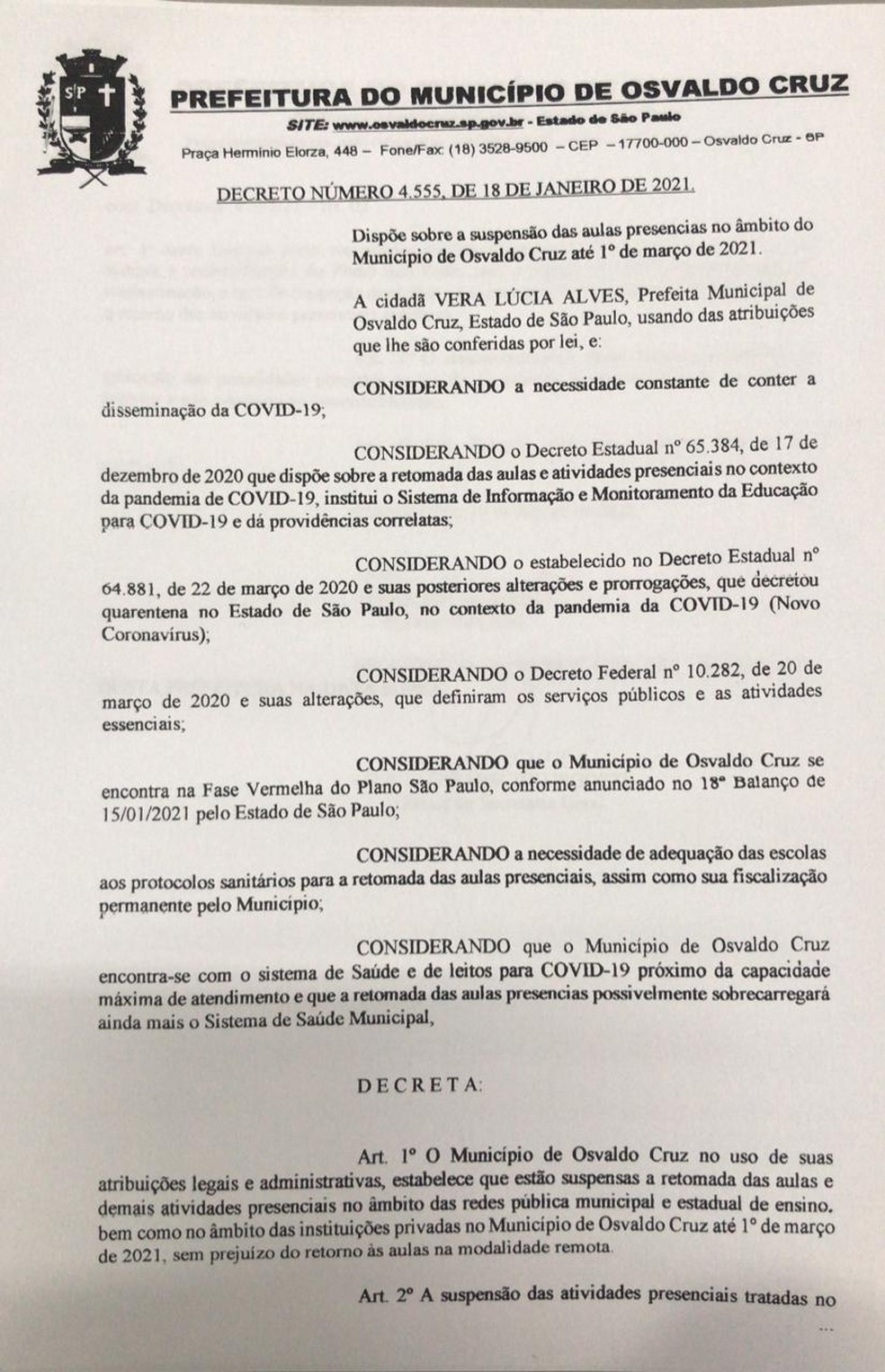 Decreto mantém suspensa a retomada das atividades presenciais em escolas de Osvaldo Cruz — Foto: Reprodução 