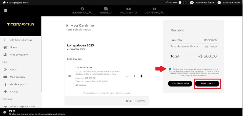 Compra de ingressos online para o Lolla Day — Foto: Reprodução/Gabrielle Garcia