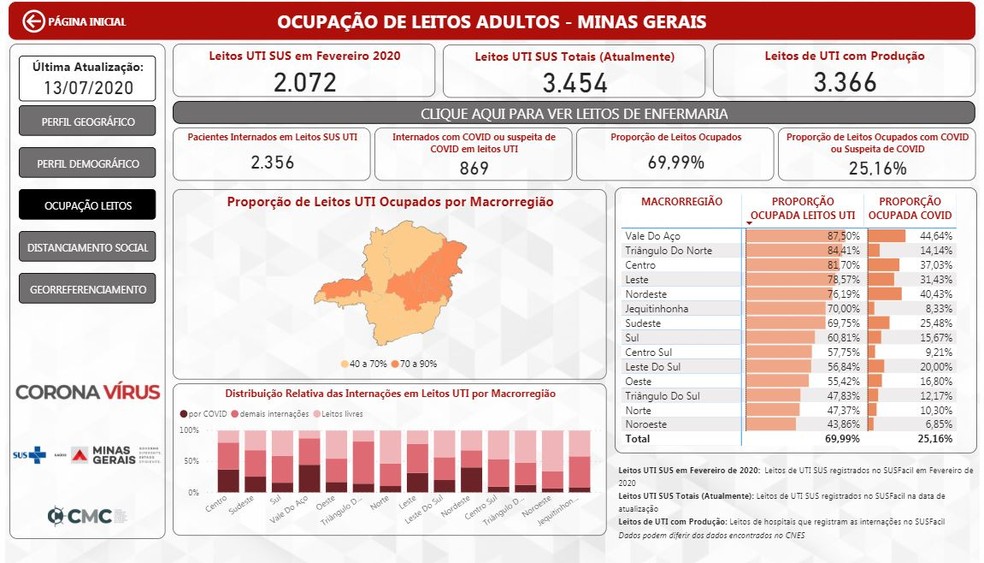 Ocupação de leitos em Minas Gerais, nesta segunda-feira (13) — Foto: Reprodução/SES-MG 