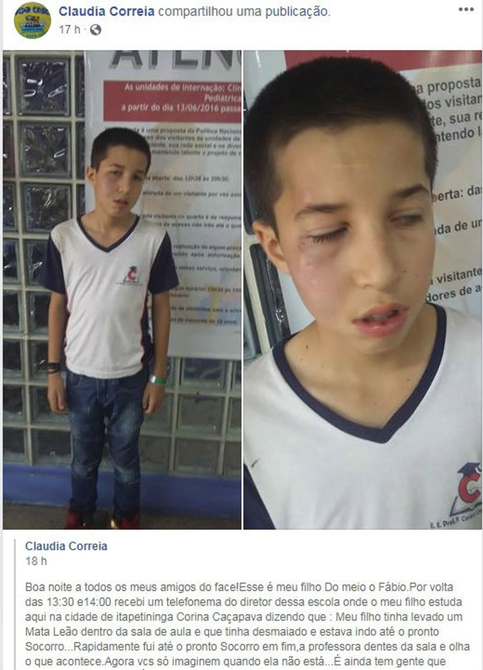 Mãe fez desabafo nas redes sociais depois de filho ser agredido dentro de escola em Itapetininga — Foto: Facebook/Claudia Correia/Reprodução
